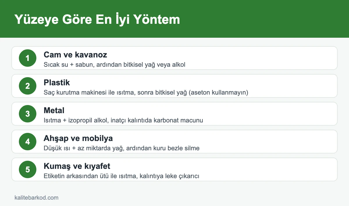 Yüzeye göre yapışkanlı etiket çıkarma yöntemleri tablosu